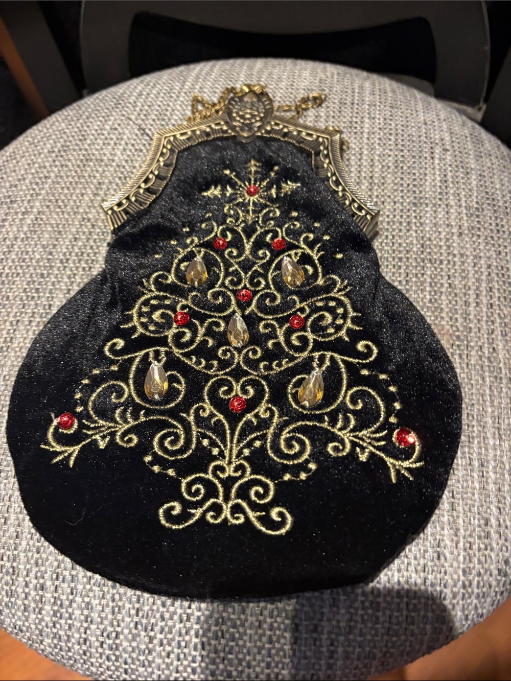 Black Velvet Embroidered Evening Bag with Gold Accents